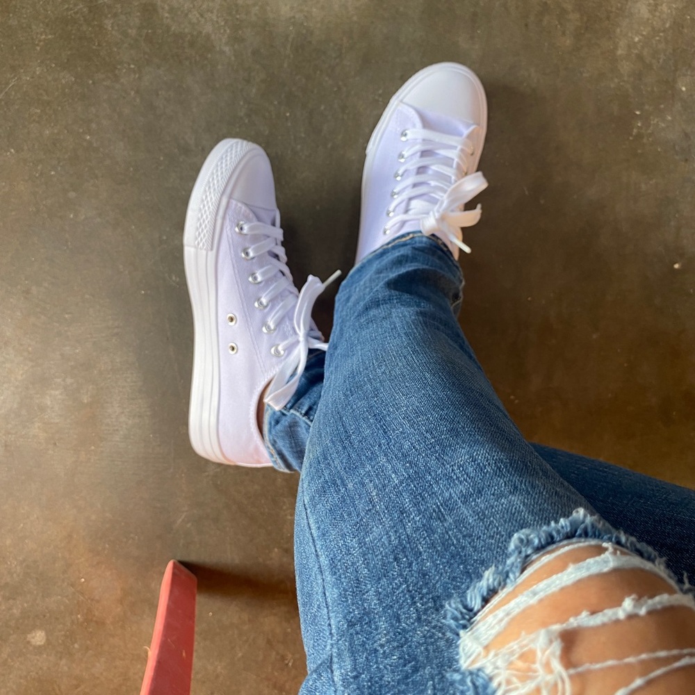 All White Lace Up Low Top Canvas Sneakers - Picture 6 of 7